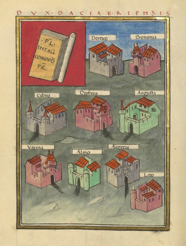 Figure 4: Fortifications on both banks of the Danube subordinated to the dux Daciae Ripensis. Notitia Dignitatum Imperii Romani (Basel?, c. 1436).