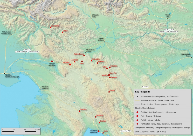 Figure 1: Geographical map with confirmed structures of the Claustra Alpium Iuliarum system.