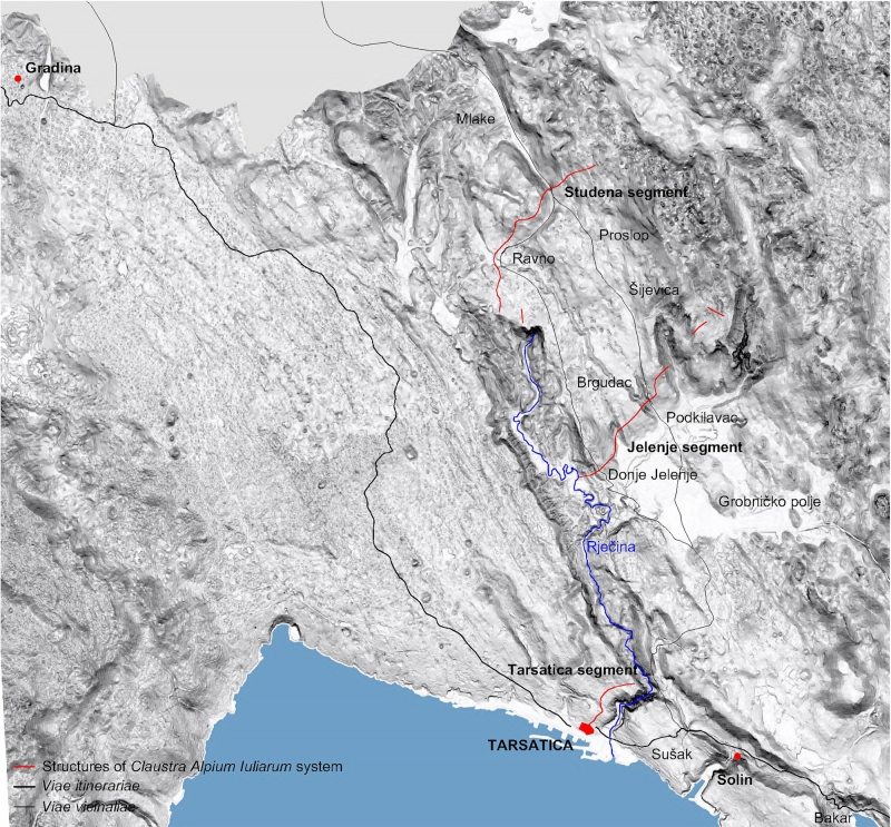 Figure 10: Parts of the south sector of the Claustra Alpium Iuliarum system on a DEM hypsometric b/w tint scale.