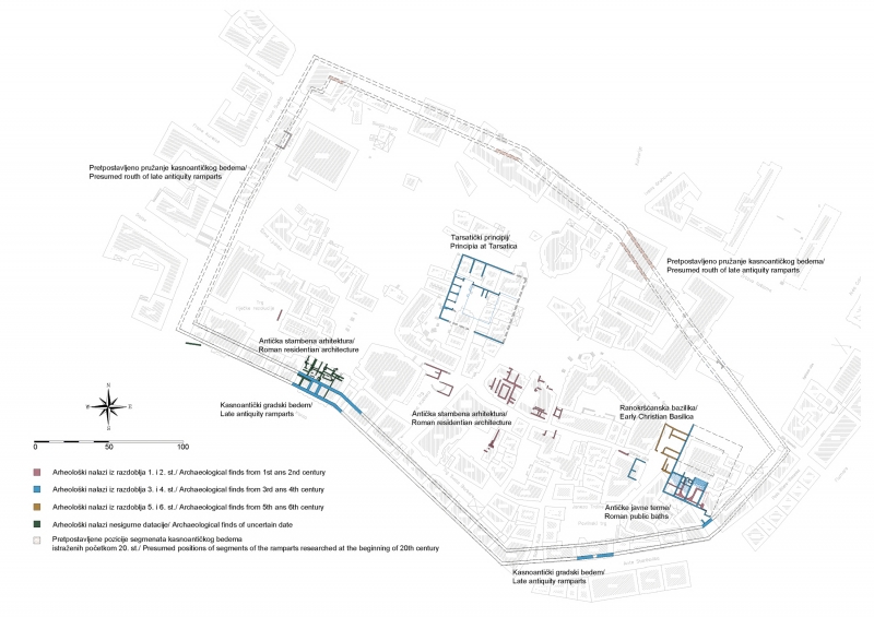 Figure 3: Roman period archaeological structures in the ancient core of Rijeka with indicated zones of excavation conducted by the Croatian Conservation Institute.