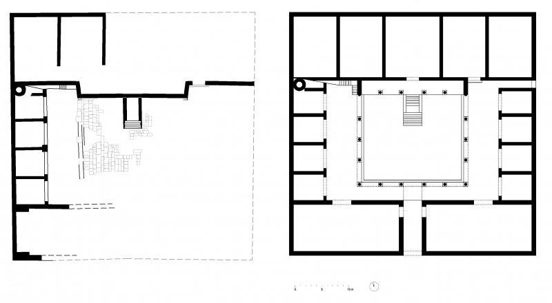 Figure 5: The plan view of the excavated parts of the principia at Tarsatica and a conceptual reconstruction of the layout of the complex.