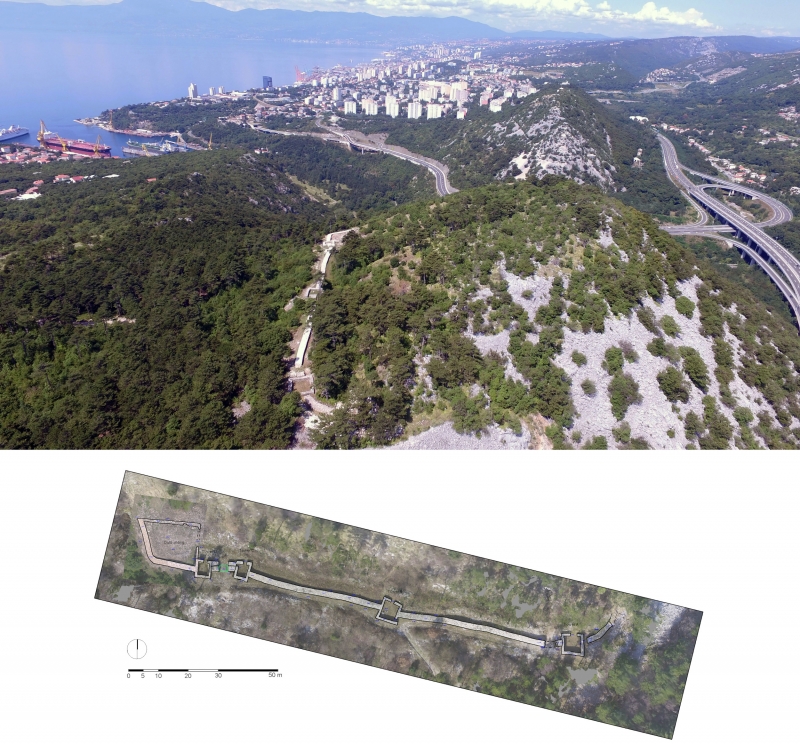 Figure 8: Solin with Rijeka (Tarsatica) in the background and geodetic survey of investigated structures at the Solin fortification.