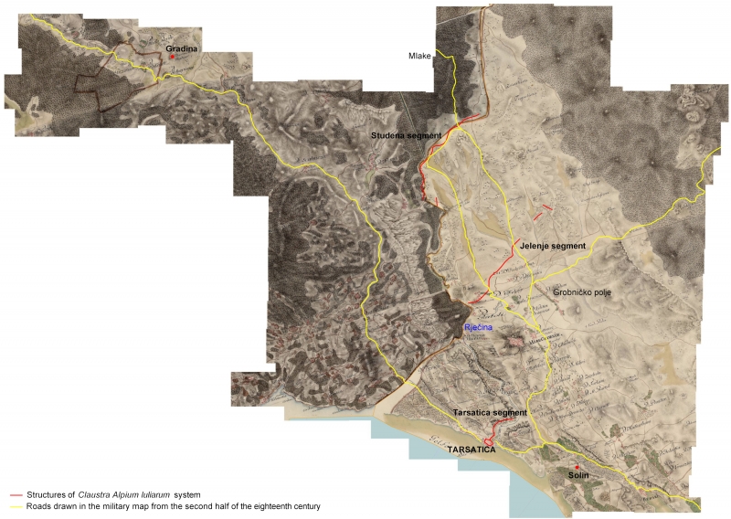 Figure 9: The structures of the southern sector of the claustra system overlaid on a late eighteenth century military map.