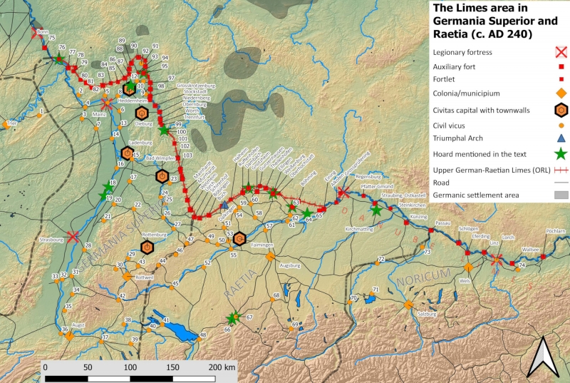 Figure 1: The limes area in Germania Superior and Raetia with adjacent Roman frontier in Noricum around 240 AD.