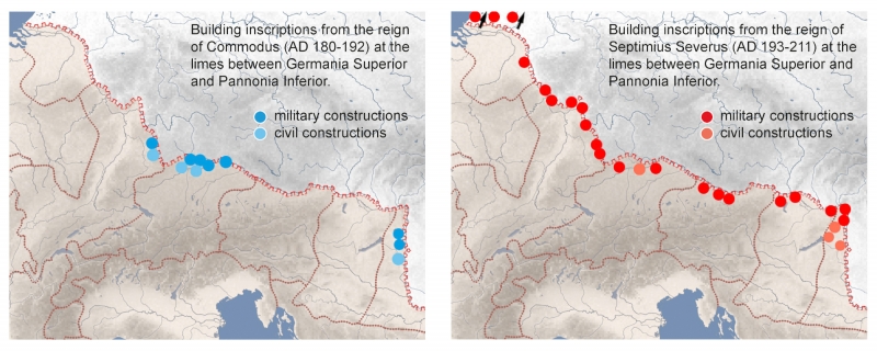 Figure 4: Distribution of building inscriptions of a/ Commodus (AD 180-191) and b/ Septimius Severus (AD 193-211) on the limes between Germania superior and Pannonia inferior.