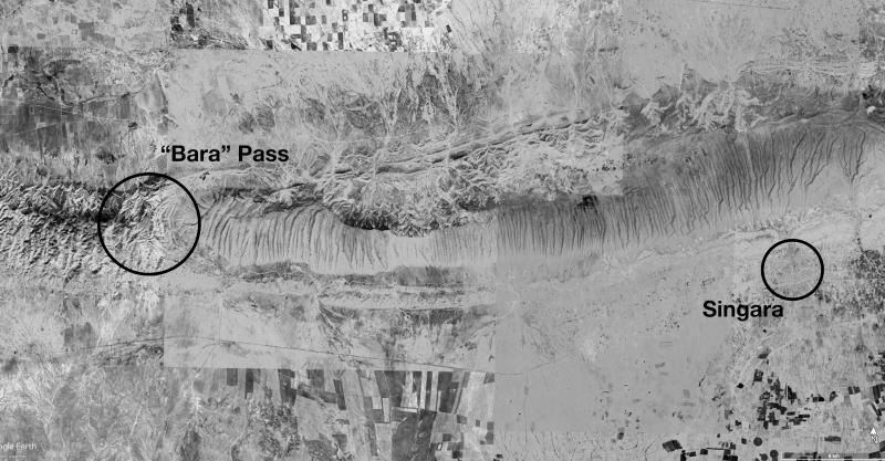Figure 5: Composite satellite image with the location of the “Bara” pass and the modern-day city of Sinjar (Roman period Singara).