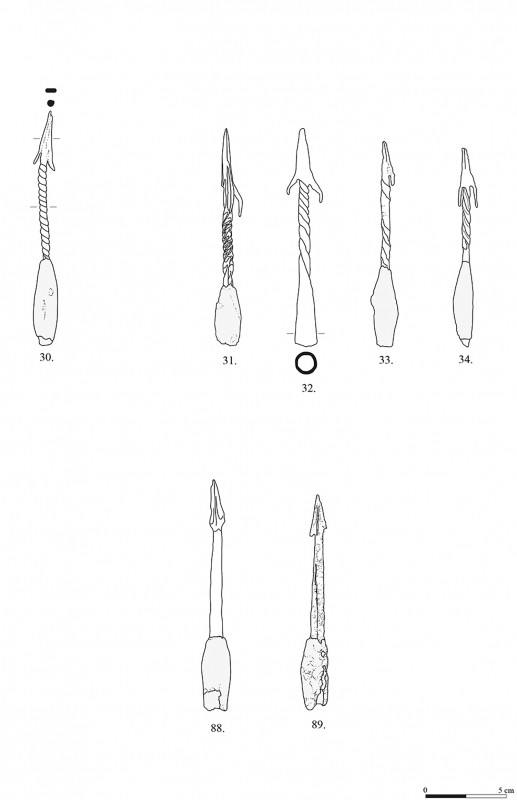 Figure 10 : exemples de plumbatae de type 1B (n° 30), 2A (n°31-34), 5 (n° 88-89).