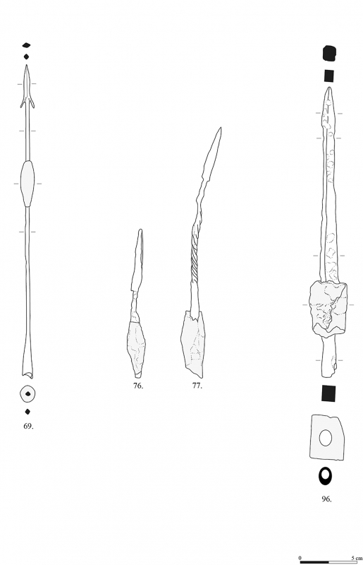Figure 13 : exemples de plumbatae de type 2C (n° 69), 3B (n° 76-77) et 6B (n° 97).