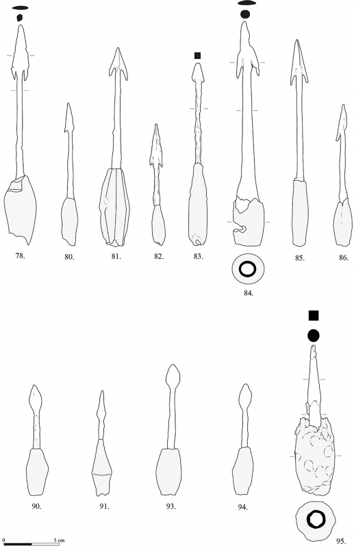 Figure 15 : exemples de plumbatae de type 4 (n° 78-86) et 6A (n° 90-95).