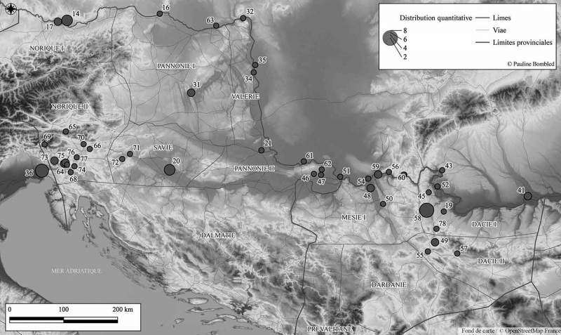 Figure 7 : distribution quantitative des vestiges de plumbatae dans les régions des Alpes juliennes et des Portes de Fer.