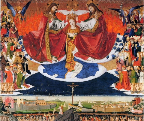Fig. 1. Enguerrand Quarton, Coronation of the Virgin, 1353-54. Tempera on panel. Musée de l’Hospice, Villeneuve-lès-Avignon.