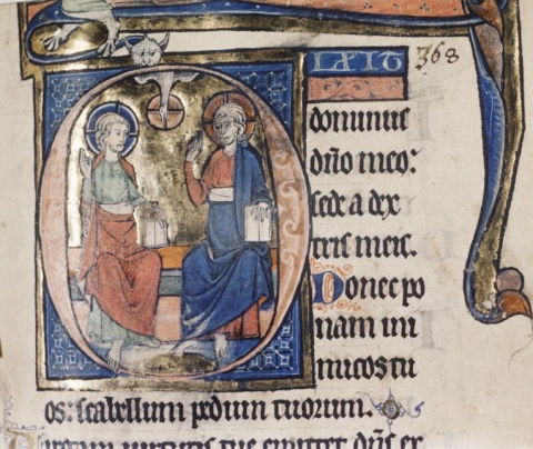 Fig. 4. Example of the type of Trinity that played a role in the creation of the iconography of the Virgin Crowned by the Trinity: illumination from a French Psalter, 3rd quarter of the 13th century. MS. Douce 50, fol. 368r. Bodleian Library, Oxford.