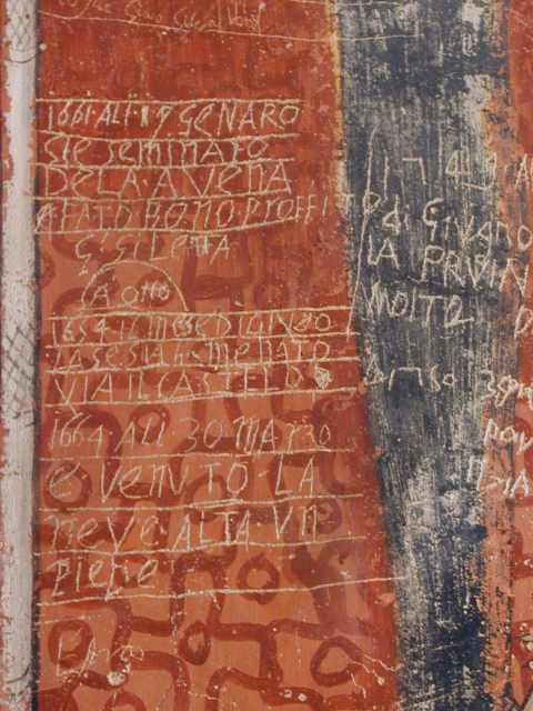 Fig. 8. Oratorio di San Sebastiano, Arborio, detail of graffiti on St. Sebastian