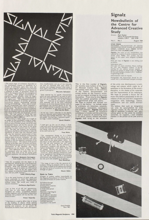Fig. 1. Front page of Signalz: Newsbulletin of the Centre for the Advanced Creative Study 1.1 (August 1964). © David Medalla and Paul Keeler.