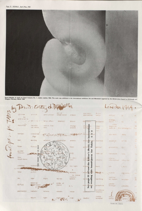 Fig. 13. David Medalla, “Found- Poem for Takis,” Signals 1.7 (April- May, 1965), 12. © David Medalla and Paul Keeler.