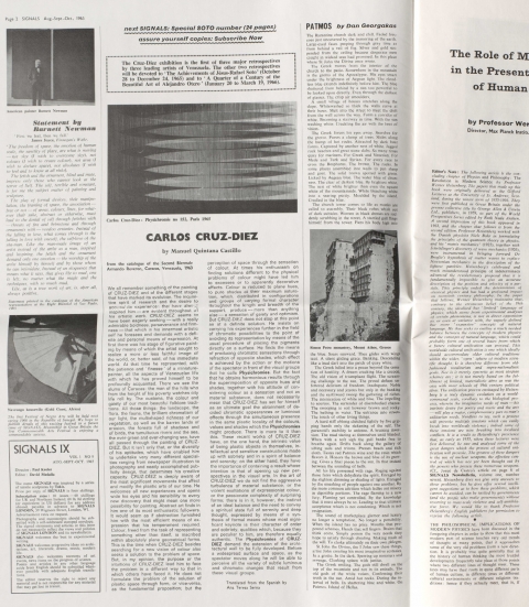 Fig. 3. Detail of Signals 1.10 (August-September-October, 1965), 2-3 with text and image of Barnett Newman, Navrongo housewife, a review of Cruz-Diez, and Werner Heisenberg’s “The Role of Modern Physics in the Present Development of Human Thinking.” © David Medalla and Paul Keeler.