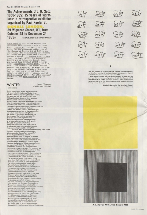 Fig. 5. Back cover of Signals 1.10 (November-December, 1965), 24 with Jesús Rafael Soto, The Little Yellow, 1965. © David Medalla and Paul Keeler; © Jesús Rafael Soto.