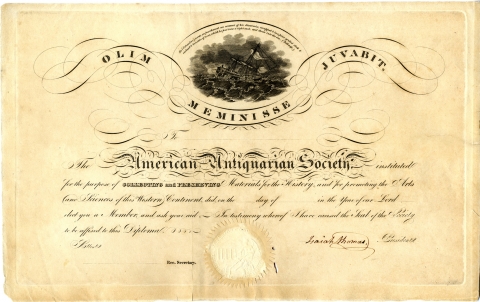 Fig. 2. Membership Certificate of American Antiquarian Society. Courtesy American Antiquarian Society.