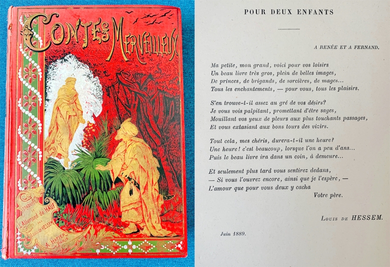 Fig. 2. Couverture et dédicace Wilhelm Hauff, Contes merveilleux, Tours, A. Mame et fils, 1890.