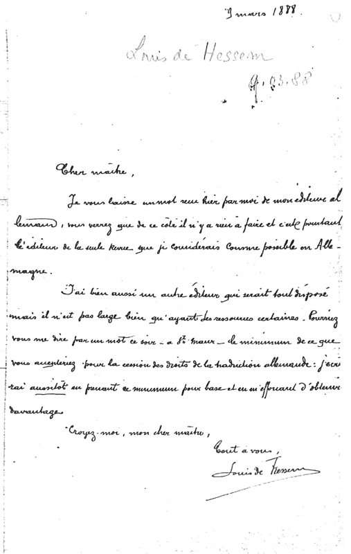 Fig. 3. Lettre autographe Louis de Hessem, mars 1888.