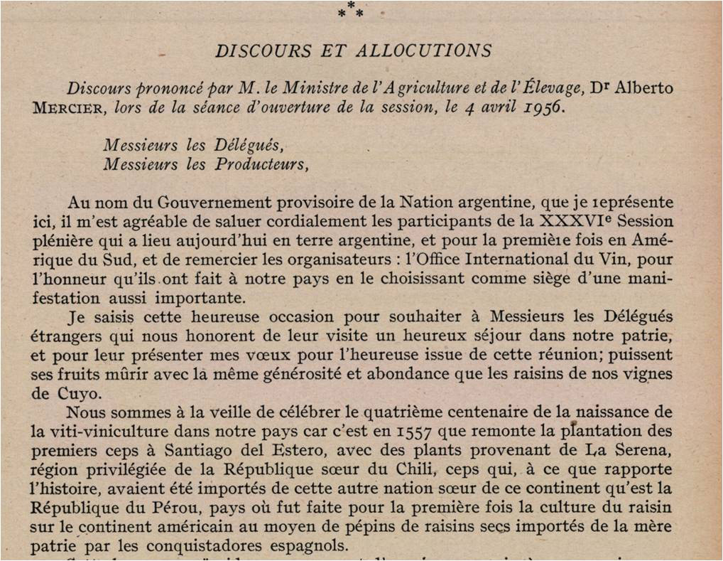 Illustration 6 : extrait d’un des nombreux discours prononcés à l’occasion de la 36e session plénière du Comité de l’OIV du 4 au 9 avril 1956 à Mendoza.