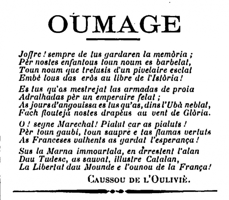 Illustration 6 : La Vie poilusienne
            n° 6. Un hommage poétique à Joffre en occitan.