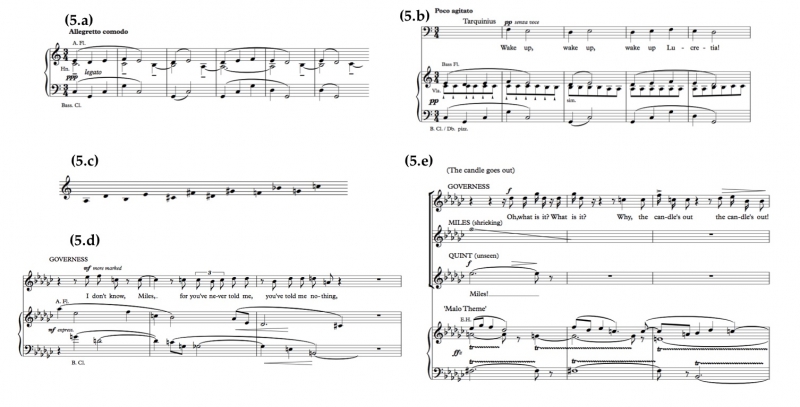 Fig. 5: (a &amp; b) The Rape of Lucretia, Lullaby, act 2 scene 1. (c) The ‘screw theme’. (d) The Turn of the Screw, ‘The Bedroom’. (e) The Turn of the Screw, ‘The Bedroom’, when the candle goes off.