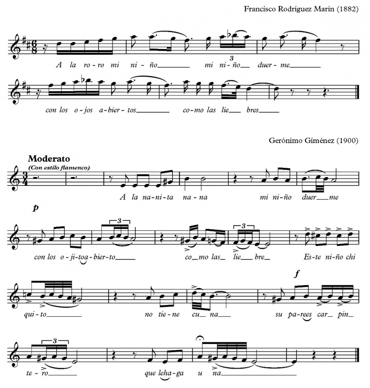 Fig. 13. Transcripciones de Nana III, de Francisco Rodríguez Marín (1882) y de Nana, de Gerónimo Giménez (1900)