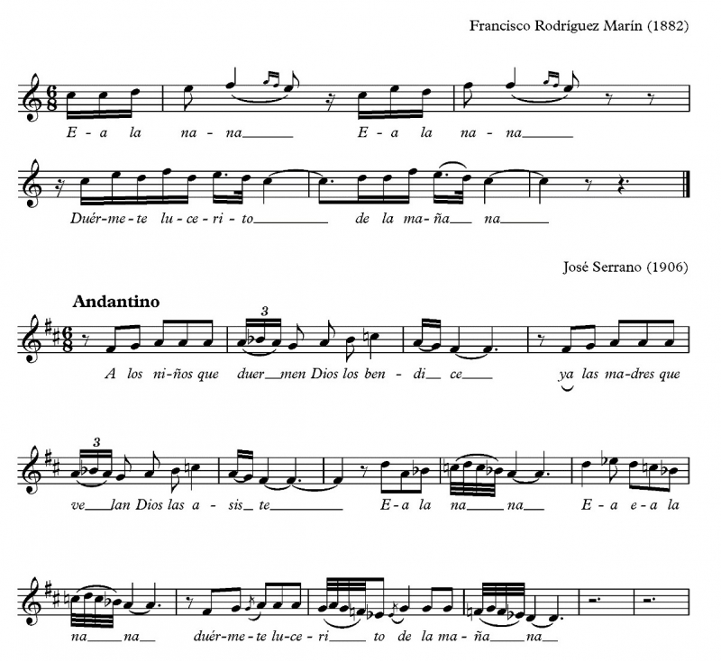 Fig. 14. Transcripciones de Nana II, de Francisco Rodríguez Marín (1882) y de Nana de Lucía, de José Serrano (1906)