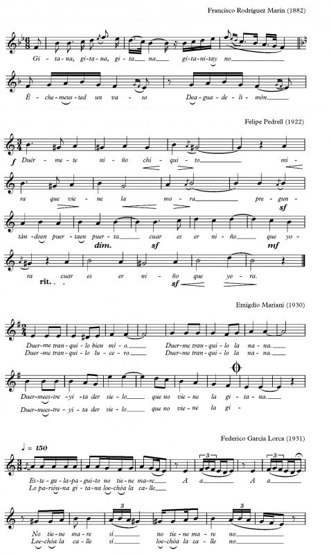 Fig. 15. Transcripciones de Nana IV, de Francisco Rodríguez Marín (1882); Nana I, de Felipe Pedrell (1922); fragmento de Romanza, de Emigdio Mariani (1930); y fragmento de Nana de Sevilla, de Federico García Lorca (1931)