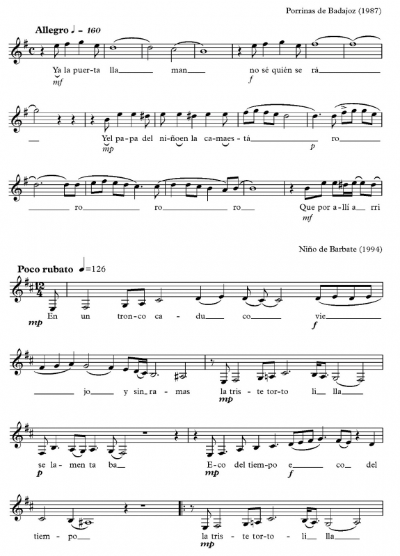 Fig. 22. Transcripciones de A la puerta llaman, de ‘Porrina de Badajoz’ (1987) y Debajo del laurel verde, del ‘Niño de Barbate’ (1994)
