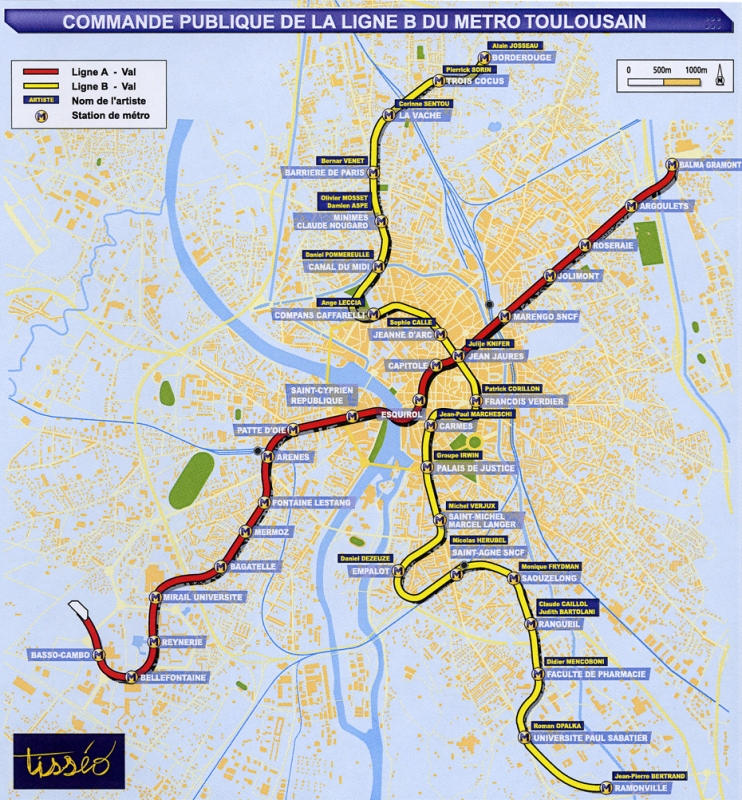 Fig. 1. Plan des stations du métro toulousain et
            interventions des plasticiens.