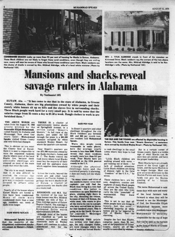 Figure 1. Nathaniel 10X, “Mansions and Shacks Reveal Savage
          Rulers in Alabama,” Muhammad Speaks,August
          25, 1972, p. 4.
