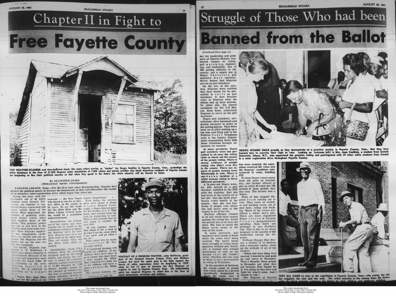 Figure 6. Sylvester Leaks, “Chapter II in Fight to Free
          Fayette County,” Muhammad Speaks, August 28,
          1964, p. 11 and 12.