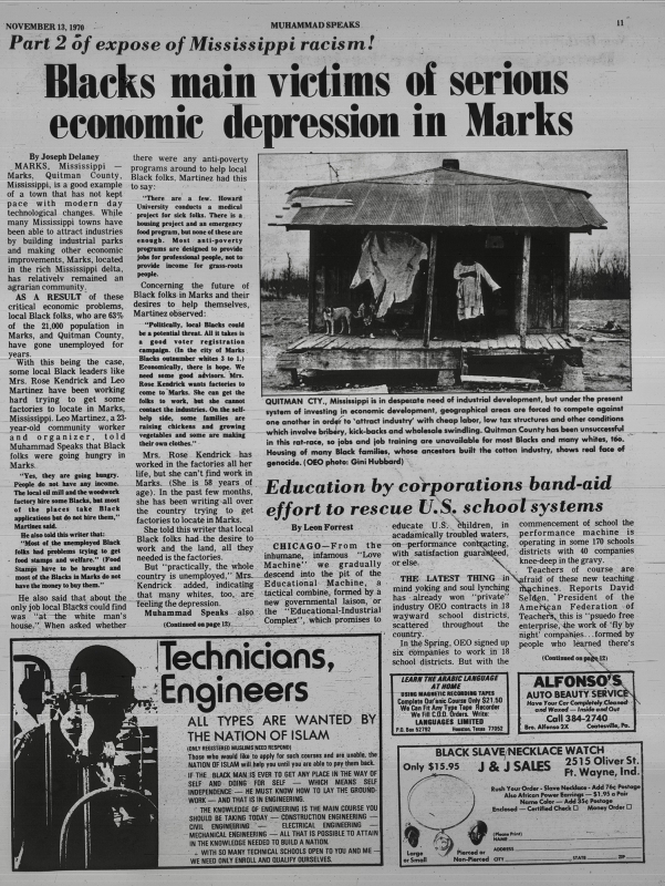 Figure 7. “Blacks Main Victims of Serious Economic Depression
          in Marks,” Muhammad Speaks, November 13,
          1970, p.11.