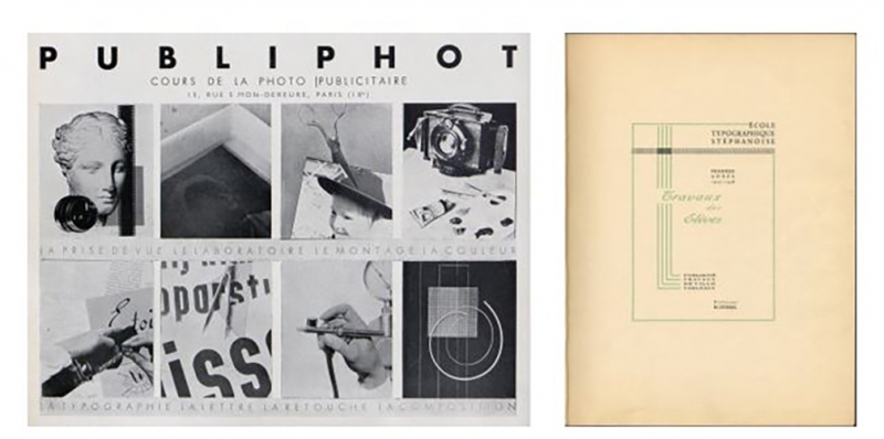 Figure 1 : À gauche : Encart publicitaire pour l’école de photographie Publiphot (paru dans Arts et métiers graphiques, numéro hors-série Publicité 1938, p. 42) / À droite : Page intérieure du catalogue des travaux des élèves de l’École typographique stéphanoise, année scolaire 1937/1938.