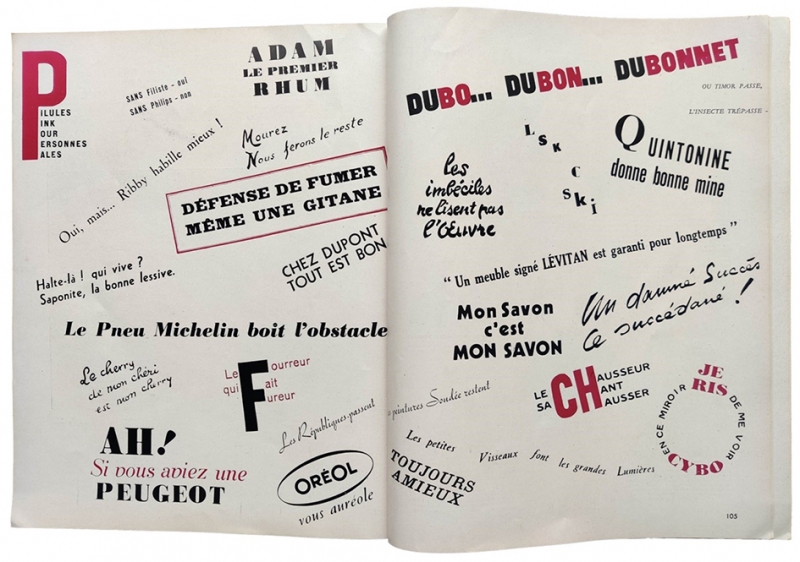 Figure 3 : Slogans publicitaires de l’entre-deux-guerres, Art Présent, n° 4-5, numéro spécial Présence de la publicité, 1947, p. 104-105.