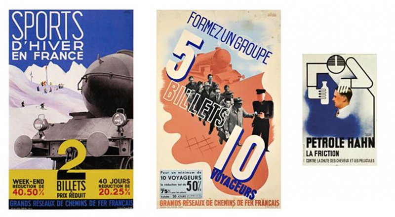 Figure 4 : Réalisations publicitaires des Éditions Paul-Martial : affiche signée André Giroux pour les Grands réseaux de chemins de fer français, 1935, photographe anonyme, lithographie couleur, 100 x 60 cm ; affiche de Roland Hugon pour les Grands réseaux de chemins de fer français, 1936, photographe anonyme, lithographie couleur, 100 x 60 cm ; carton publicitaire signé Francis Bernard pour Pétrole Hahn, vers 1930, photographe anonyme, 23,5 x 16,5 cm.