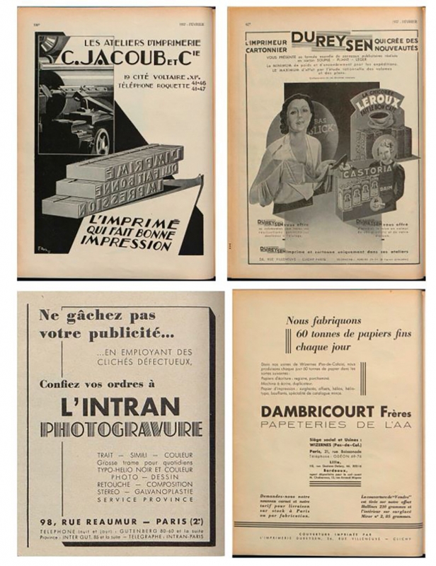Figure 5 : Pages et encarts publicitaires parus dans la revue Vendre dans les années 1930 : pour le fabricant de papiers Dambricourt Frères (février 1936), pour L’Intran photogravure (octobre 1936), pour les ateliers d’imprimerie C. Jacoub et Cie (février 1937), pour l’imprimeur cartonnier Dureysen (février 1937).
