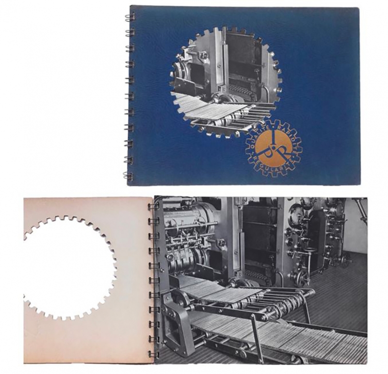 Figure 8 : Catalogue publicitaire pour les Imprimeries Parisiennes Réunies, vers 1935. Plaquette exécutée dans les Ateliers des Imprimeries Parisiennes Réunies avec le concours des maisons : Studio Lupa pour la documentation photographique ; Griller et Féau pour le papier du texte ; Keller-Dorian pour le papier de la couverture ; Maunoury pour le papier du dépliant ; Mansat et Neuens pour la photogravure ; Fournier pour le tirage à chaud de la couverture ; Prache pour la reliure intégrale, brevetée.